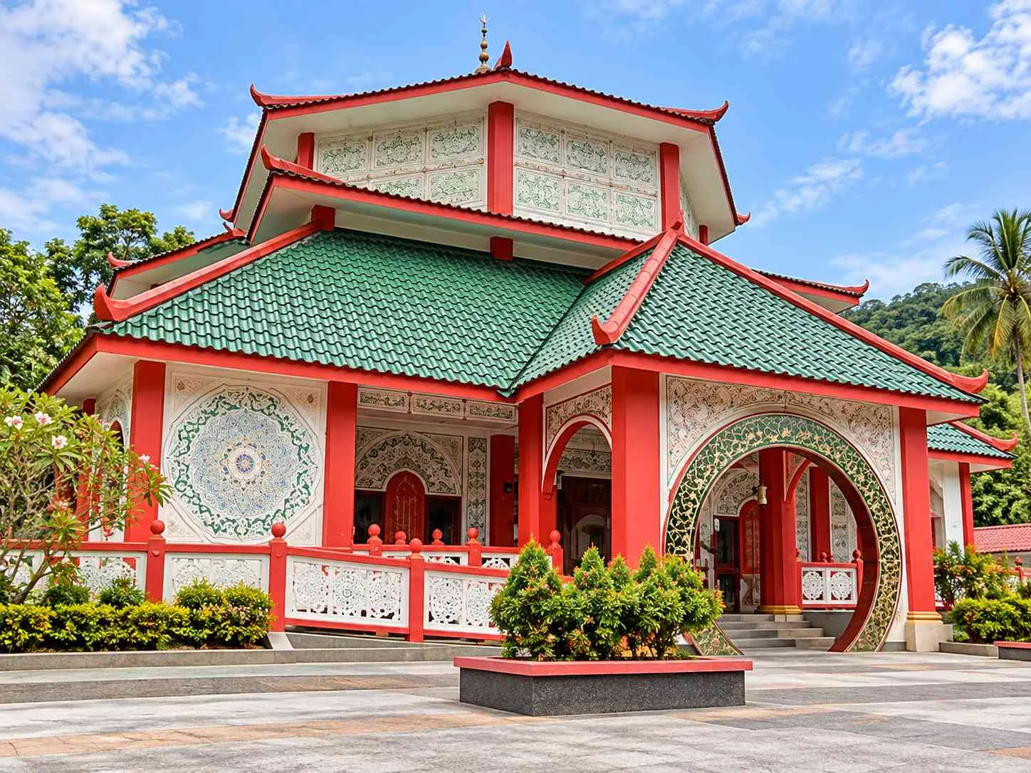 Masjid Al-Khairiah Masjid Cina in Sungai Pinang Kecil, Pangkor Island, showing its Chinese-inspired red and green architecture