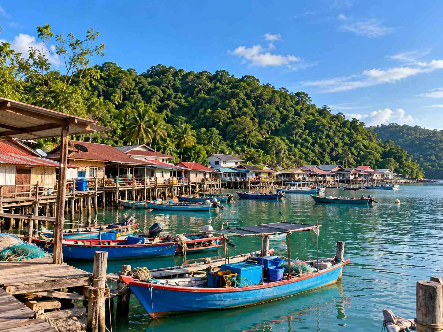 Traditional fishing village on the eastern coast of Pangkor Island with fishing boats, jetties and waterfront homes