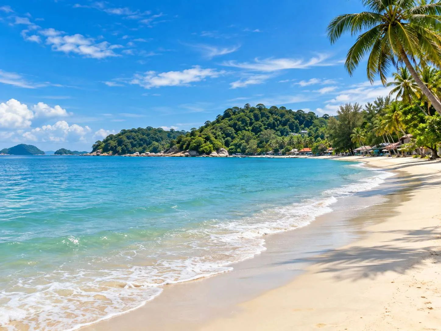 Pasir Bogak Beach on Pangkor Island with sandy shoreline, tropical trees and sea views towards Pangkor Laut