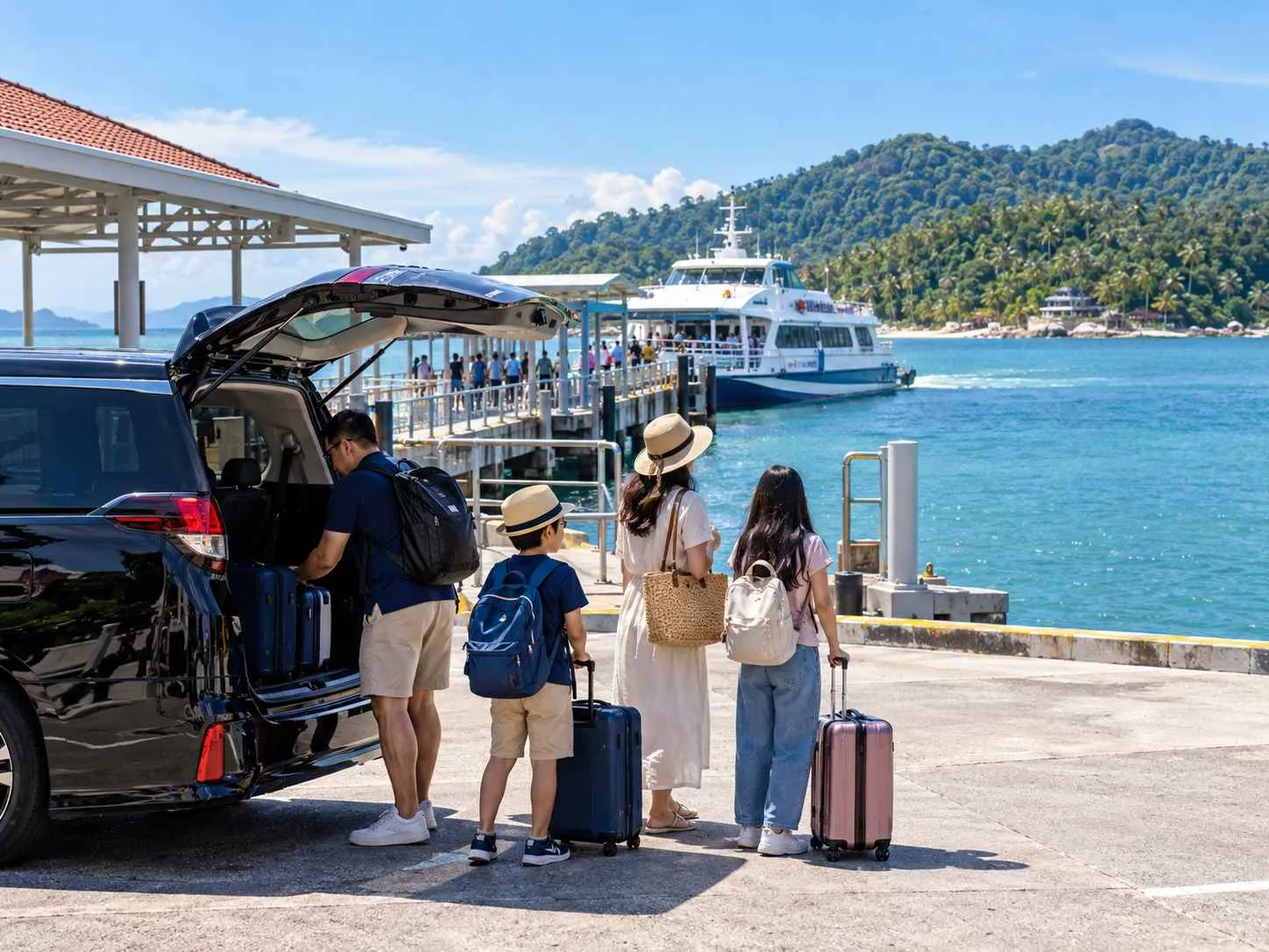 Travellers with luggage beside a private transfer vehicle at a mainland ferry jetty before continuing to Pangkor Island