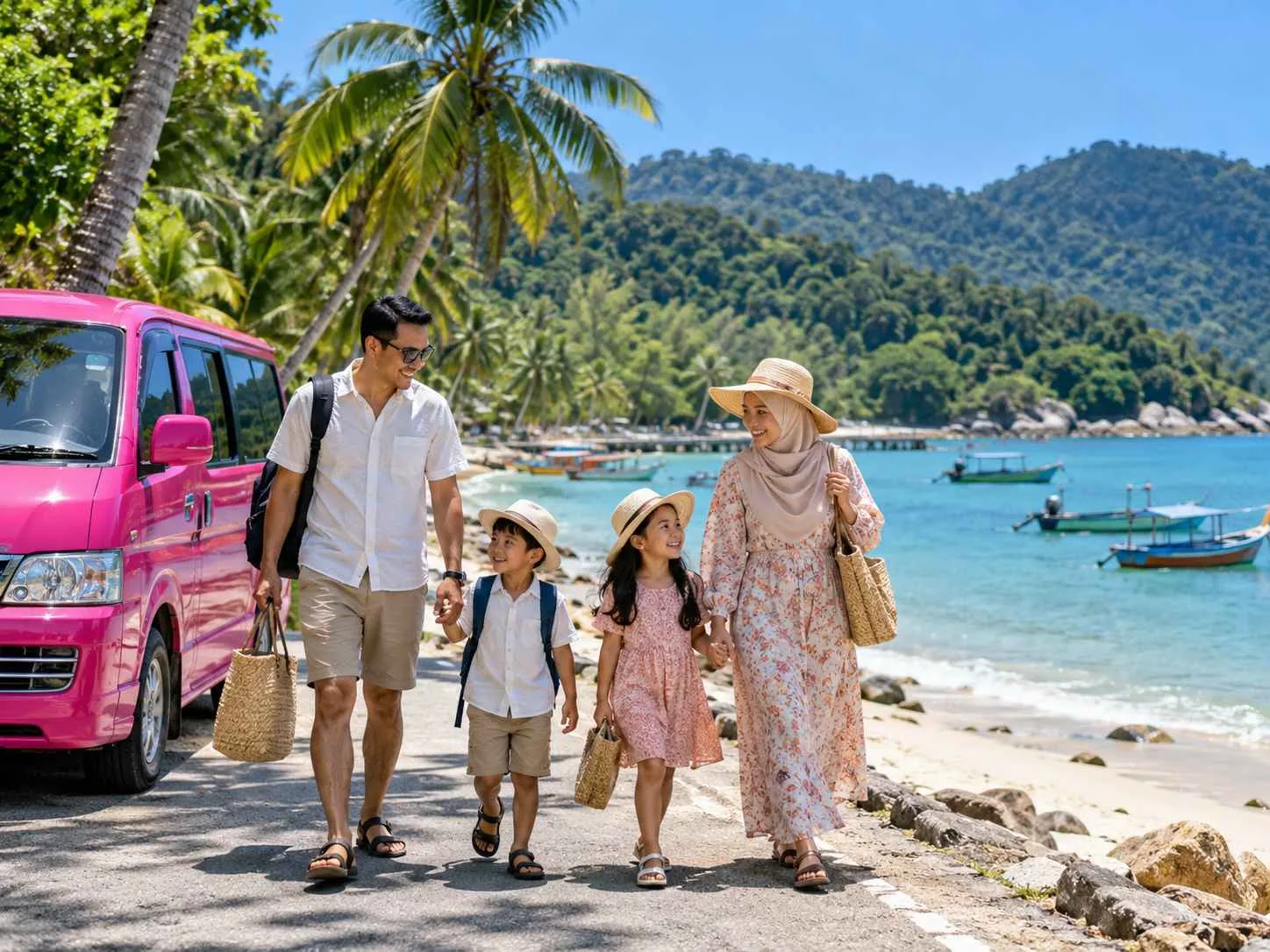 Family with children enjoying a Pangkor Island beach near a pink taxi van with tropical sea and palm trees