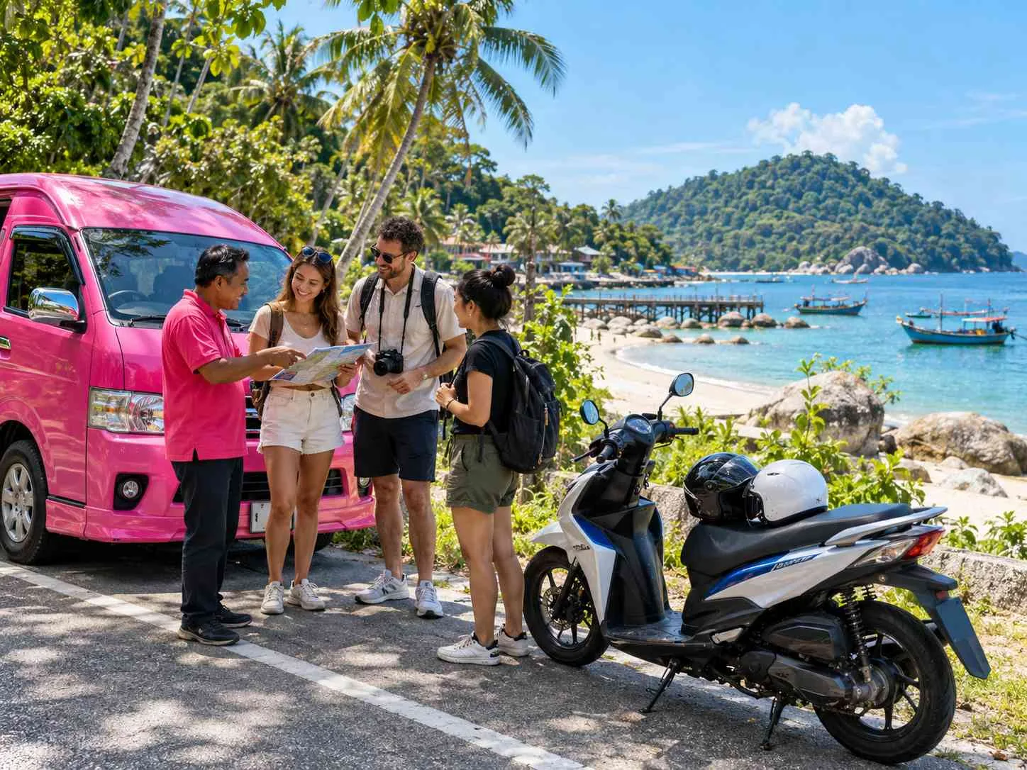 Travellers beside a pink taxi van and rental motorbike on a tropical coastal road in Pangkor Island